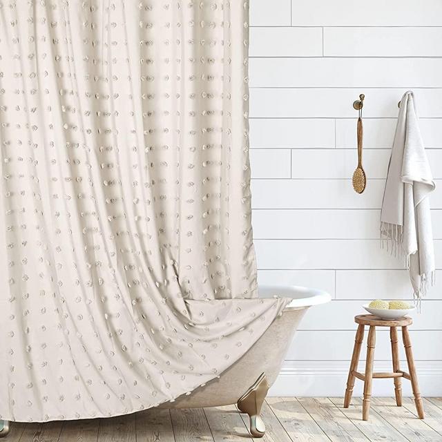 Boho Farmhouse Beige/Cream Shower Curtain Woven Fabric Cute Shower Curtain, 72 x 72 Tufted Pleat Floral Puffs Textured Modern Farmhouse Minimalist Shower Curtain Set with Hooks for Bathroom