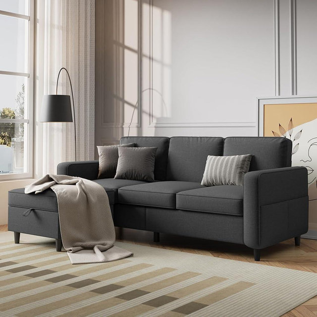 Lonkwa Sectional Sofa Couches for Living Room, 78'' Dark Grey 3 Seater L-Shaped Couch with Storage Ottoman, Comfy Fabric Convertible Sectionals Sofas with Chaise for Apartment, Office, Small Space