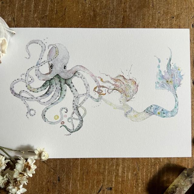 Mermaid Art, Mermaid Print, Mermaid & Octopus Watercolor Painting, Beach House Decor, Mermaid Art for Bathroom, Fantasy Art