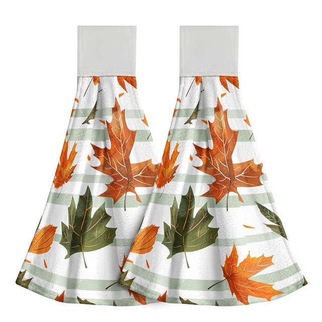 Giwawa Maple Leaves Hand Towels with Hanging Loop Autumn Leaf Fingertip Tie Towels Stripe Kitchen Towel