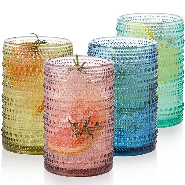 POLIDREAM Vintage Glassware Set - 4pcs Multicolor 15.2oz Hobnail Drinking Glasses for Beer, Cocktail, Soda & Juice - Embossed Old Fashioned Glassware with Four Unique Colors, Perfect Gift