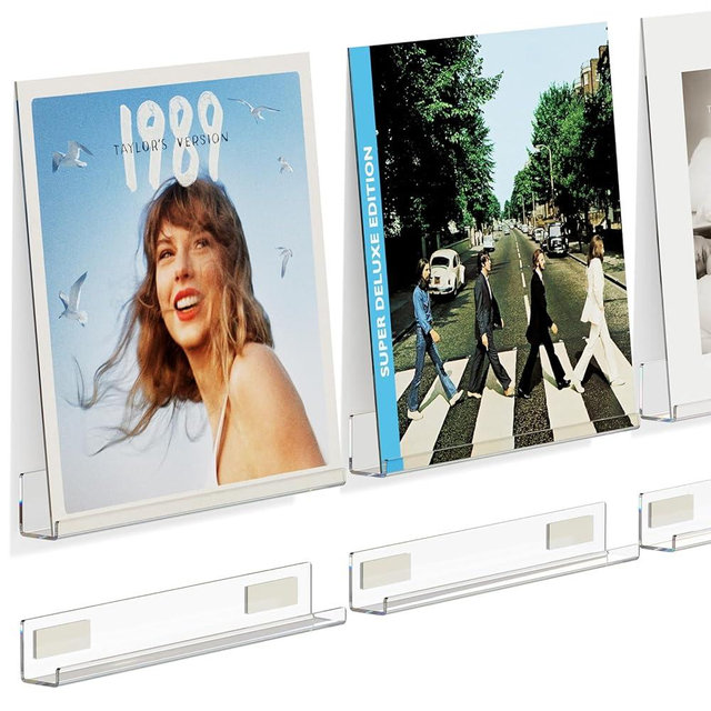 NIUBEE Vinyl Record Wall Holder: 6 Pack Drill-free Album Display Shelves with Adhesive Tapes for Renter, Clear Floating Vinly Rack for Living Room Music Corner