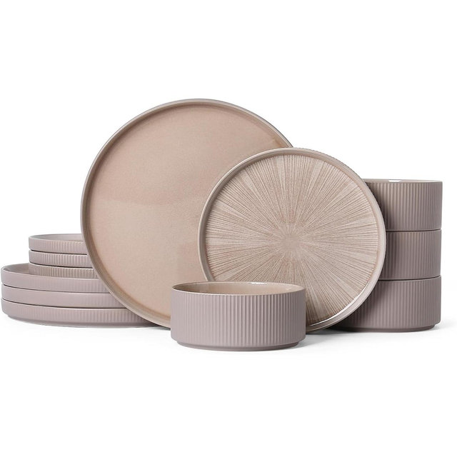 Dinnerware Sets for 4, Ceramic Plates and Bowls Set 12 Piece Dinnerware Chip Resistant Stoneware with Advanced Inkjet Printing Technology, Dishwasher and Microwave Safe-Dusty Brown