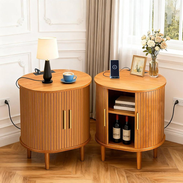 Nightstands Set of 2 & Charging Station, Fluted Accent Side Table with Sliding Door & Adjustable Shelf, Mid-Century Modern End Table for Small Space, Living Room, Bedroom (2, Yellow Walnut)