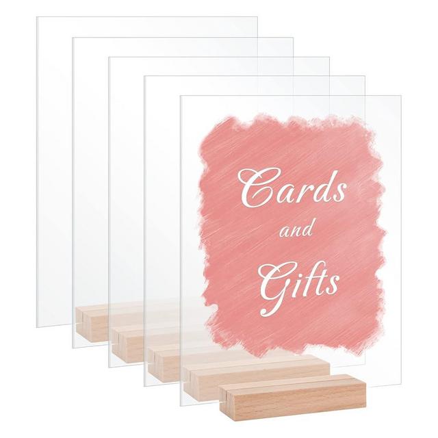 TLunlove Clear Acrylic Sheet with Wood Stand, 8 x 10 inch, 5 Pack Acrylic Wedding Signs Blank with Holder, DIY Acrylic Table Signs, Scratch Resistant, Smooth Edges