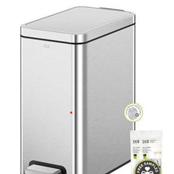 EKO Small Bathroom Trash Can with Lid Soft Close, Step Pedal, 10 Liter / 2.6 Gallon Stainless Steel Garbage Can with Removable Inner Bucket, Anti-Fingerprint Finish (Silver)