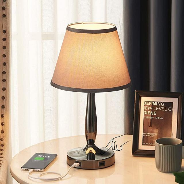 Touch Table Lamp with USB Ports, 3-Way Dimmable Modern Small Nightstand Lamp for Bedroom, Living Room & Office, Bedside Lamp w/ Grey Trapezoid Shade and Metal Base, LED Bulb Included