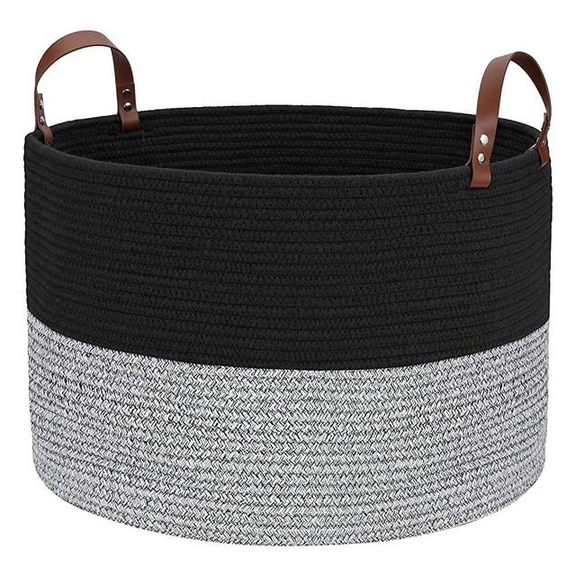 Hombins Large Cotton Rope Basket Woven Storage Basket 20''X13'' - Decorative Storage Basket with Handles Collapsible Laundry Hamper for Throws, Pillows, Blanket, Black&Grey