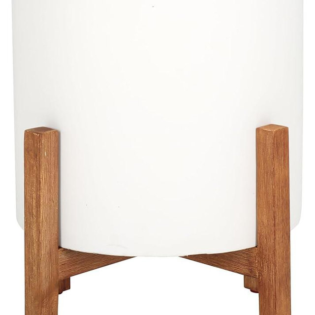 SAFAVIEH Outdoor Patio Furniture Jesper Modern White Concrete Ficonstone & Natural Brown Solid Wood Planter Pot