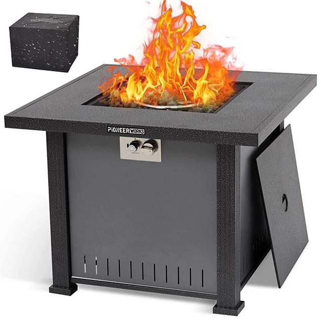 32 Inch Propane Fire Pit Table, PioneerWorks 50000BTU Rectangle Fire Table with Cover & Rain Cover, Sturdy Steel and Iron Fence Surface, CSA Safety Certified, Companion for Your Garden