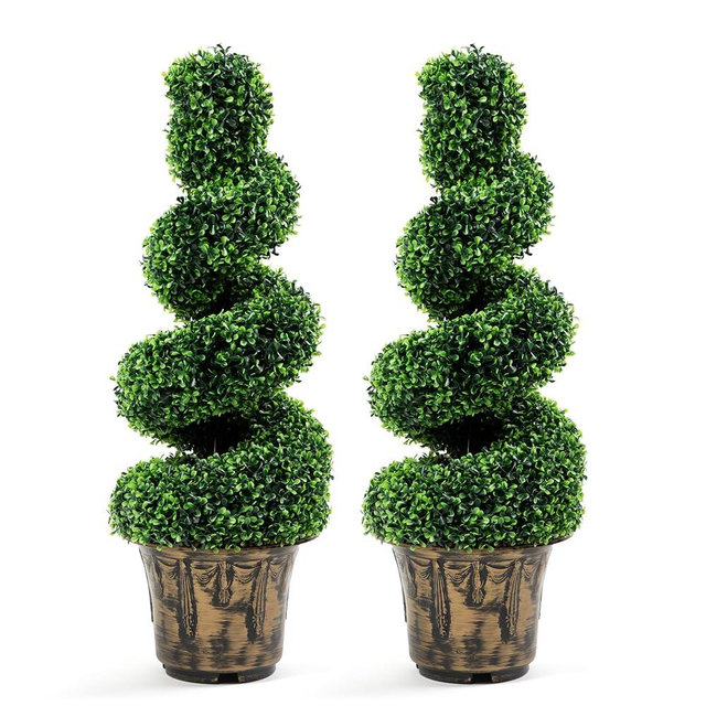 2-Pack Faux Boxwood Spiral Topiary Trees - 3ft Tall - Planter Included - Artificial Plants for Indoors or Outdoors - Realistic Dense Green Leaves with UV and Weather Protection