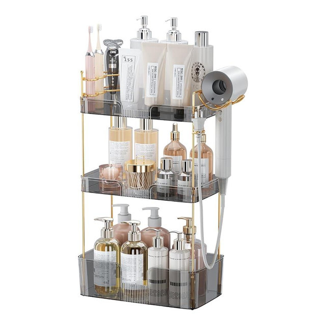 Akinbas 3 Tier Bathroom Organizer Countertop Makeup Perfume Tray Skincare Organizer Comes with Hair Dryer Rack and Toothbrush Holder for Bathroom Dresser Vanity (Grey)