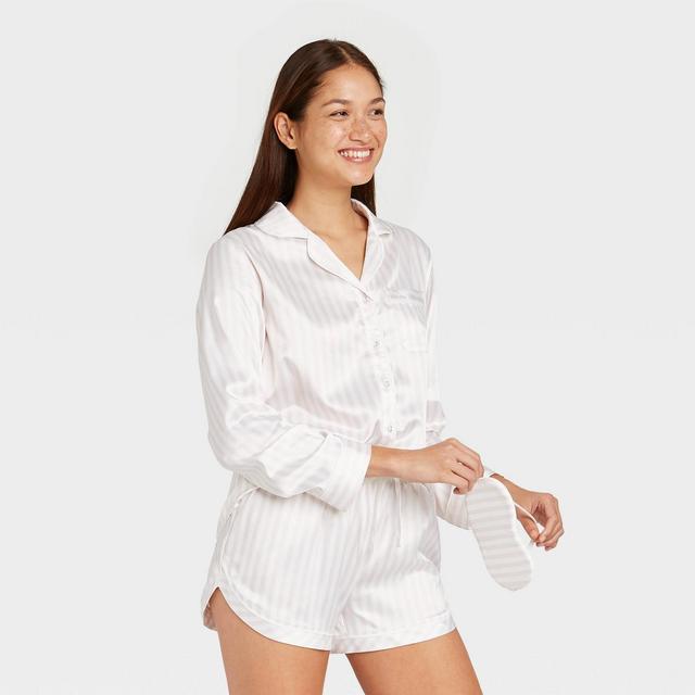 Women's 3pc Striped Satin Long Sleeve Notch Collar Top and Shorts Pajama Set with Eye Cover- Stars Above™ Soft Pink L
