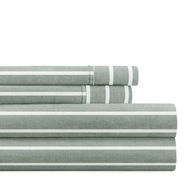 Soft Lines Patterned Stripe Ultra-Soft 4 Piece Bed Sheet Set - Becky Cameron, Distressed Awning Stripe Eucalyptus, Queen