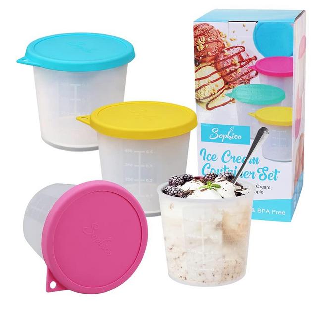 Sophico Ice Cream Freezer Storage Container, with Silicone Lids for Ice Cream Perfect for Food Storage Tub, Meal Prep, Soup and Food Storage (4 Pack, MIX)