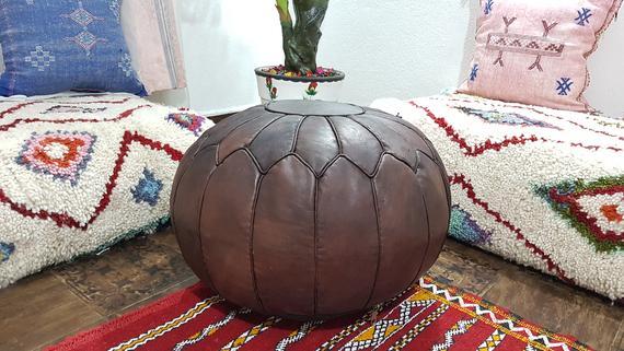 Stuffed Dark Brown Moroccan Leather Pouf