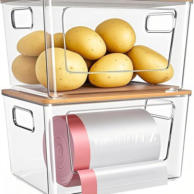 iEGrow 2-Pack Trash Bag Holder,Stackable Trash Bag Dispenser with Bamboo Lid –Extra Large Garbage Bag Holder for Kitchen, Laundry Room,Under-Sink Storage Organization
