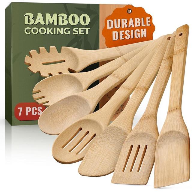 Bamboo Wooden Spoons for Cooking – 7 PCs Wooden Cooking Utensils for Nonstick Cookware – Wooden Utensil Set – Easy to Clean, Sturdy, Lightweight & Heat Resistant