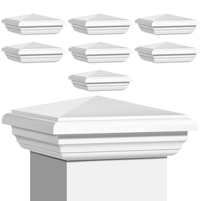 Sasylvia 8 Pcs 4 x 4 Inch Vinyl Fence Post Caps (Actual 4x4), White PVC England Style Cap Top Pyramid Square Waterproof UV Resistant Decorative Vinyl Fence Post Caps