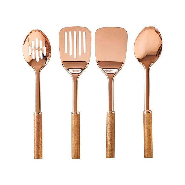 Rose Gold and Timber Kitchen Utensils by CIROA | Set of 4 Gold and Wood Cooking Tools for Serving