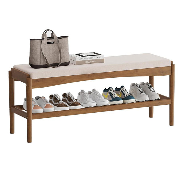 STDDRE Shoe Bench Entryway Bamboo 2-Tier Shoe Rack with Cushion Padded Seat Shoe Bench Organizer Stable for Entry, Hallway, Living Room, Bedroom, Closet (39.4 * 11.4 * 16.5IN, Brown-Beige)