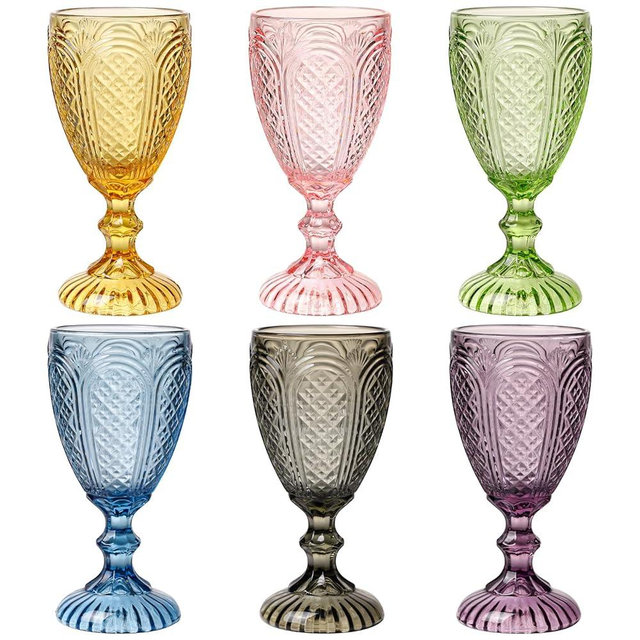 Chaos Coordinator Colored Wine Glasses set of 6 glass goblets, Vintage Water Goblets Glasses, Drinking Stemware Beverage Cups for Party, Bar, Champagne, Juice, Beer, Cocktail, Embossed Design