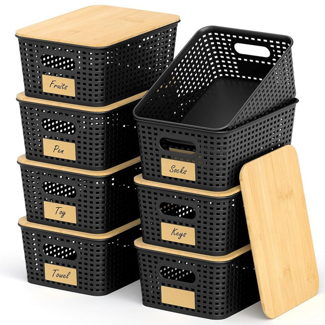 Stackable Storage Basket: Plastic Baskets Bins, Baskets for Organizing, Pantry Decorative Containers for Closets, Cabinets, Shelves(8 Pack, Black)