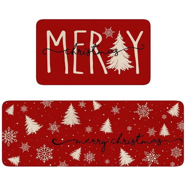 Eikunn Red Christmas Kitchen Rugs Set of 2 Xmas Trees Snowflake Kitchen Mat for Floor Winter Holiday Non-Slip Kitchen Sink Mats Kitchen Decor Doormat+Runner Rug