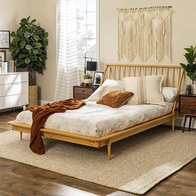 Walker Edison Mid Century Modern Solid Wood Spindle Platform Headboard Footboard Bed Frame Bedroom, Queen, Light Oak