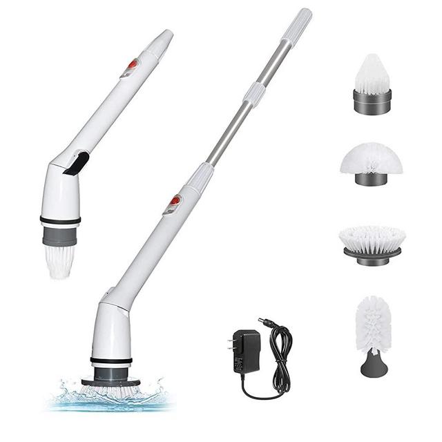 Buyplus Electric Spin Scrubber - 360 Cordless Power Bathroom Scrubber for 2021, Extendable Handle and 4 Replacement Brush Heads for Cleaning Grout Kitchen Shower Tub Tile Floor