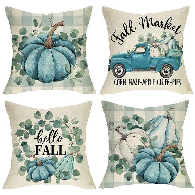 Fjfz Hello Fall White Pumpkin Decorative Throw Pillow Cover Set of 4, Autumn Teal Truck Eucalyptus Gourd Porch Patio Home Decor, Watercolor Blue Buffalo Plaid Check Farmhouse Sofa Cushion Case 18 x 18