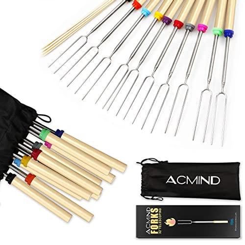 Acmind Marshmallow Roasting Sticks 32 Inch,10 Bamboo Skewers,Kids Camping Accessories for Campfire Fire Pit Cooking,Hot Dog Extending Stainless Steel Fork,Set of 10