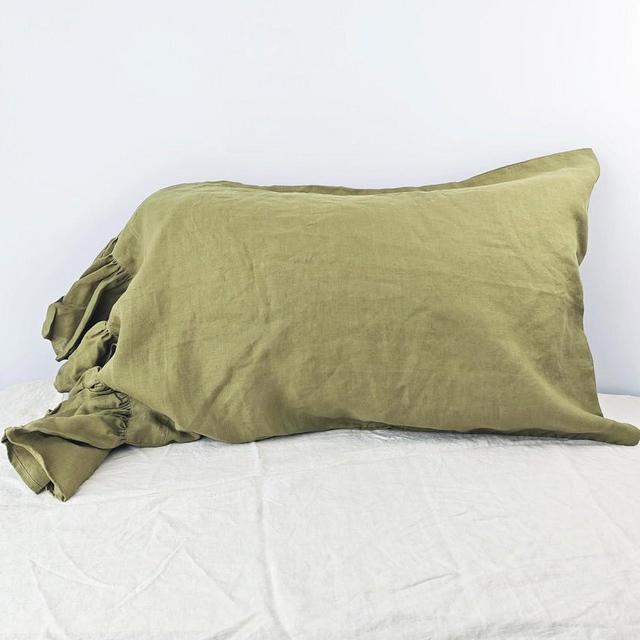 ESASILK Olive Green Ruffles Linen Pillowcase, 100% French Linen Pillow Cover, Queen Size 1 Piece Farmhouse Shabby Chic Pillow Case, 20''x30'' Pillowcase with Decorative Ruffle Envelope Closure