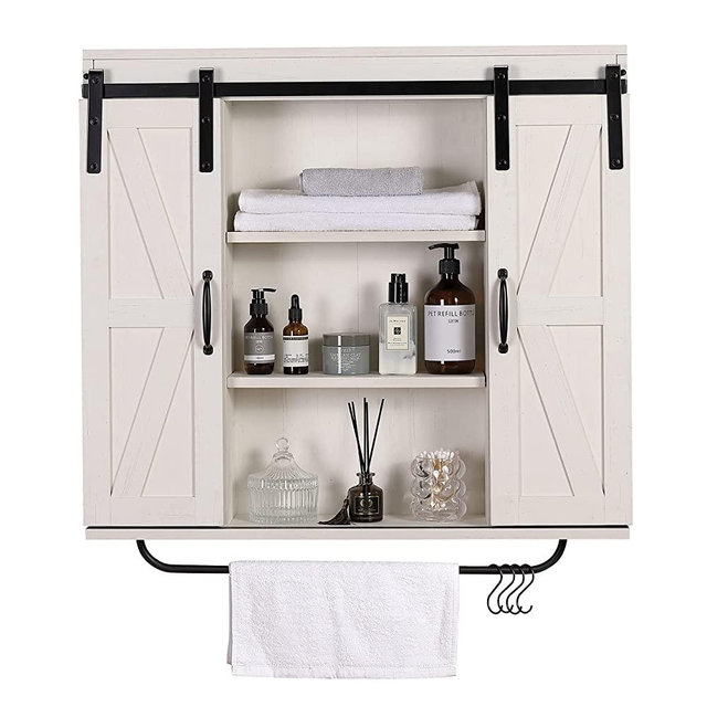 Rustown Rustic Wood Wall Storage Cabinet with Two Sliding Barn Door, 3-Tier Decorative Farmhouse Vintage Cabinet for Kitchen Dining, Bathroom, Living Room, Vintage White