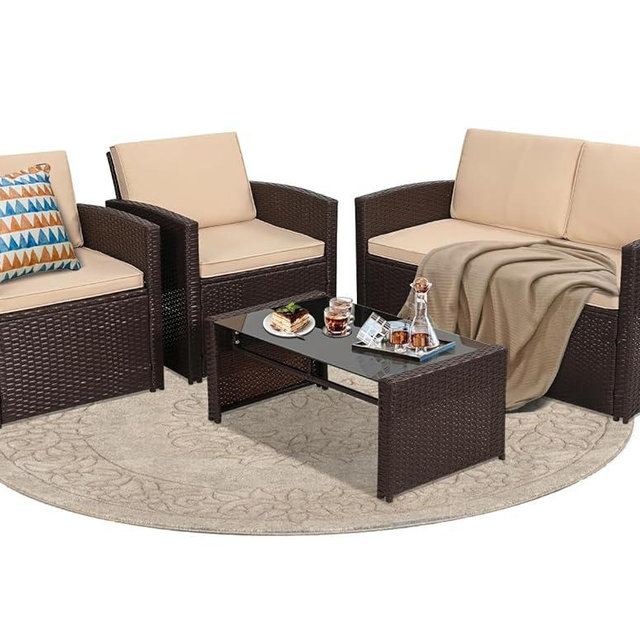 KROFEM 4 Pieces Patio Conversation Set, Outside Rattan Sectional Sofa, Cushioned Furniture Set, Wicker Sofa Ideal for Garden, Porch, Backyard, Brown Color Rattan and Beige Cushion
