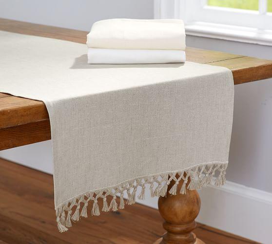 Fringed Linen Knotted Runner, Extra Large, White