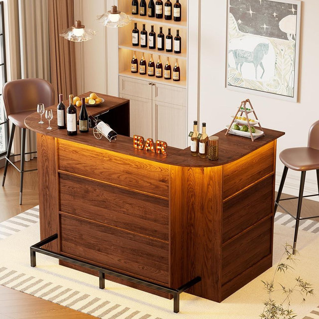 PAKASEPT Home Unit Bar Cabinet with LED Light & Stemware Holders, 3 Tier Liquor Bar Wooden Storage Cabinet, Modern U-Shaped Liquor Table Cabinet for Living Room, Dining Room