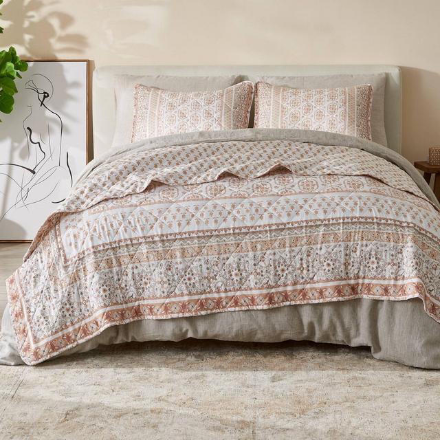3pc Full/Queen Printed Vintage Quilt Bedding Set Gold - Patina Vie