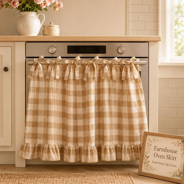 VexelZytro Kitchen Oven Curtain Tie Top, Handmade Farmhouse Oven Skirt Curtain for Door, Effortless Install, Hide Clutter, Suitable for Stoves, Dishwashers, and Small Window Decor (Khaki & Brown)