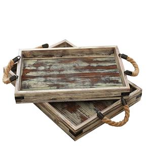 MyGift Set of 2 Country Rustic Wood Nesting Serving Trays with Rope Handles