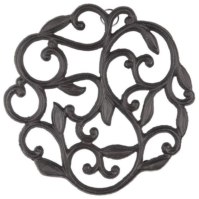 gasaré, Cast Iron Trivet, Vine Plant Decor, for Hot Dishes, Pots, Pans, Kitchen, Rubber Feet Caps, Ring Hanger, 8 Inches, Rustic Brown Finish, 1 Unit