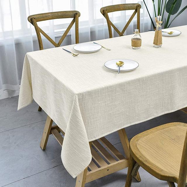 JSFLY Water Resistant Cotton Linen Tablecloths Rectangle Dining Table Cloth, Wipe Clean Indoor & Outdoor Table Cover for Buffet Party and Banquets, Free 2 Table Mats（54"x70"） Beige