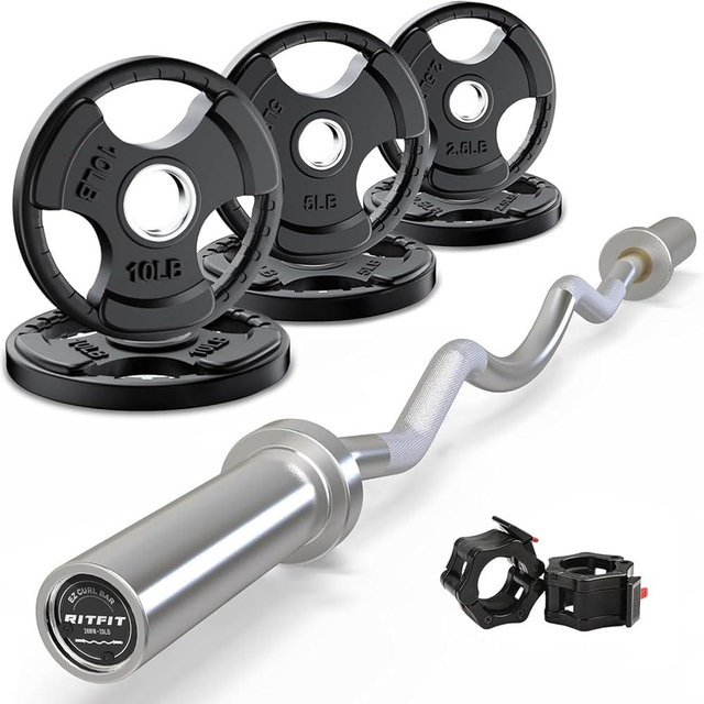 RitFit 2 Inch EZ Curl Bar with Weights, 700LBS Weight Capacity Olympic Curl Barbell for Bicep, Tricep and Weight Lifting Exercises