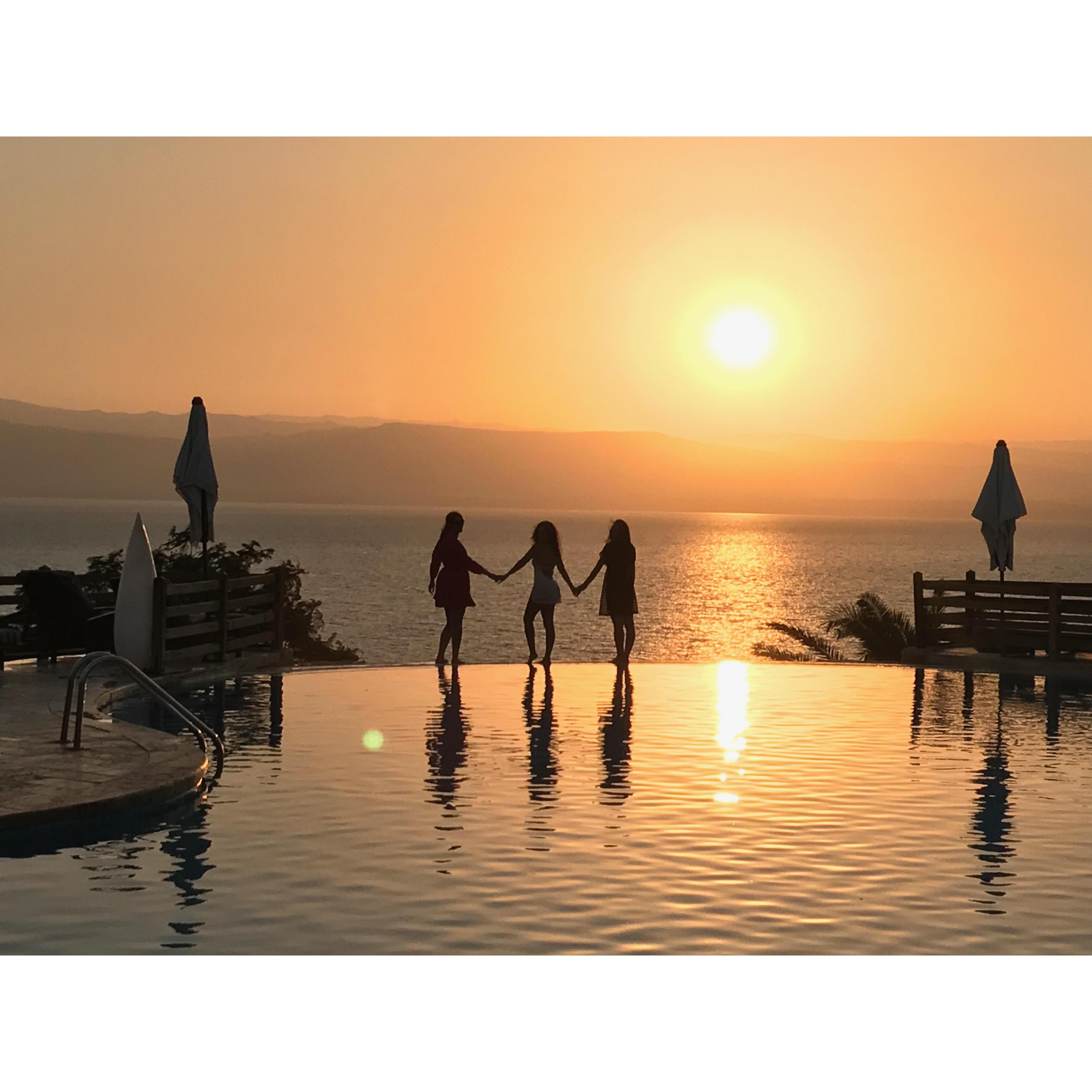 Bridesmaids Joyce and Grace with Jess in the Dead Sea in 2017