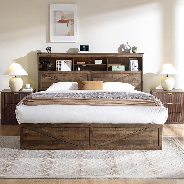 ACCOHOHO King Size Bed Frame with 52" High Storage Headboard and 4 Drawers,Wood Bed Frame with LED Light and Charging Station,Warm Brown