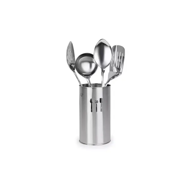 5 Pc Stainless Steel Cooking Utensil Set with Holder – Includes Spatula, Ladle, Spoons, and Countertop Holder