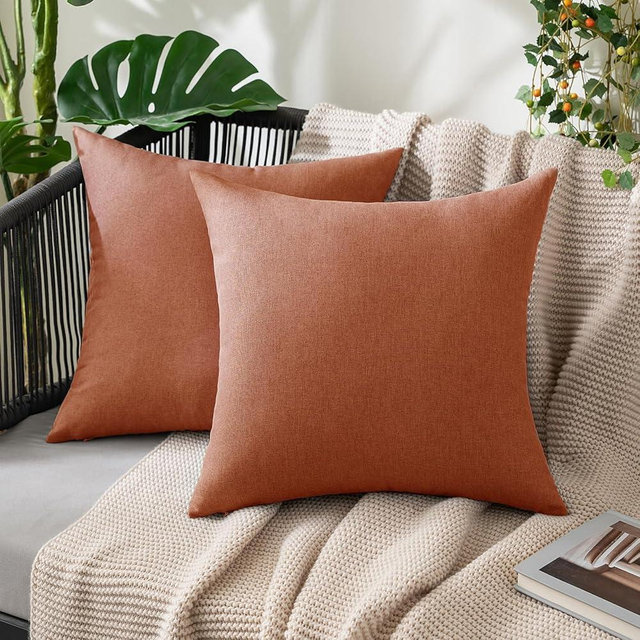 MIULEE Pack of 2 Decorative Outdoor Solid Waterproof Fall Throw Pillow Covers Euro Sham Faux Linen Garden Farmhouse Cushion Cases for Summer Patio Tent Balcony Couch Sofa 24x24 Inch Rust