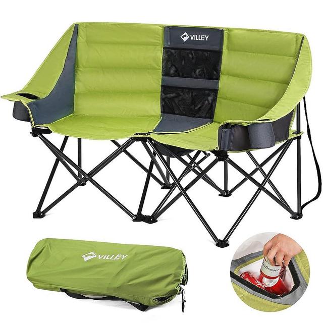 VILLEY Double Camping Chair w/Cooler Bag, Extra Wide Loveseat, Heavy Duty Padded Camping Couch, Portable Folding Chair w/Carry Bag Steel Frame Cup Holders for Camp Lawn Picnic Sports, Support 600LBS