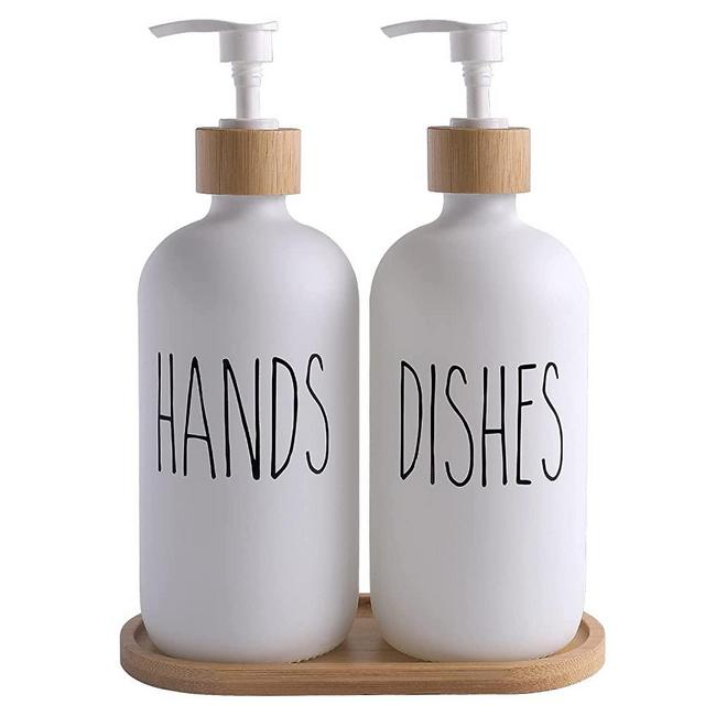 MOMEEMO White Soap Dispenser Set, Contains Glass Hand Soap Dispenser and Glass Dish Soap Dispenser. Kitchen Soap Dispenser Set Suitable for Farmhouse Kitchen Decor, Rustic Kitchen Decor. (White)
