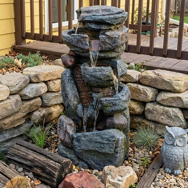 Rock Waterfall Fountain Outdoor, 31.5" Tall Resin Garden Water Feature, Cascading Stone Outdoor Fountain for Backyard Patio Yard Décor, Garden Water Fountain